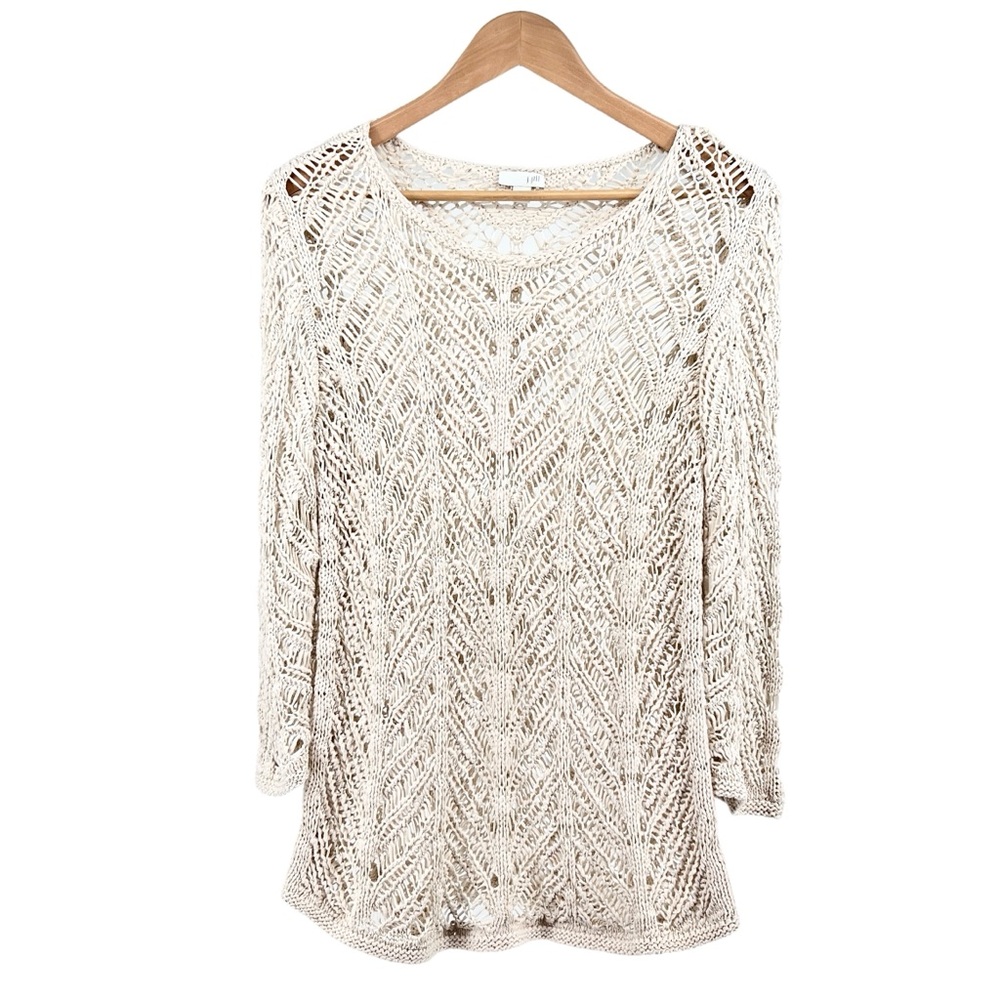 J. Jill Crochet Open Stitch Sweater Medium Cream 3/4th Sleeve Beach Boho Neutral